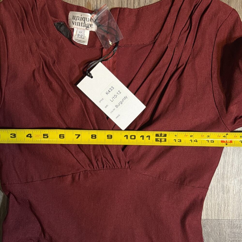 NWT Unique Vintage Burgundy Fit & Flare Dress Retro Pinup Swing Midi Sz L 10/12 - Picture 7 of 11